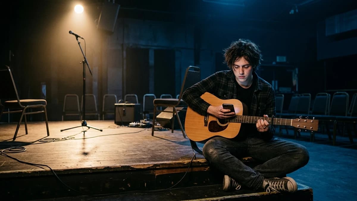 A young musician sitting alone on the edge of a small dimly lit stage in an empty venue, holding a guitar and looking down at a smartphone in their hand | TipTop.Music