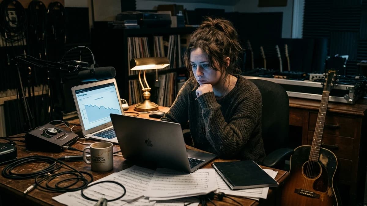 Independent musician in a dimly lit home studio at night looking concerned at a laptop with streaming revenue data, acoustic guitar leaning against the desk | TipTop.Music