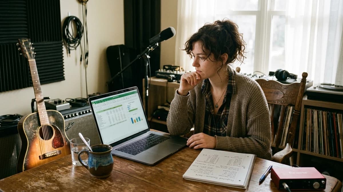 Independent musician sitting at a wooden table in a cozy home studio with a laptop and handwritten revenue notes, acoustic guitar leaning against the wall, warm afternoon light through a window | TipTop.Music