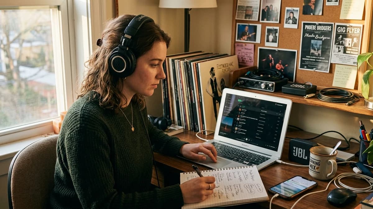 A young woman wearing over-ear headphones sits at a cluttered home desk, scrolling through a music playlist on her laptop with warm afternoon light streaming through a nearby window, vinyl records and a corkboard with pinned artist photos visible in the background | TipTop.Music