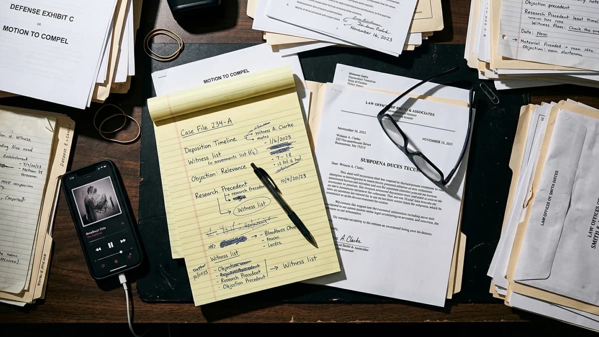 An overhead close-up view of a desk covered with scattered legal documents, a yellow legal pad with handwritten notes, a smartphone showing a streaming music app, and reading glasses placed on a printed subpoena letter under harsh fluorescent lighting | TipTop.Music