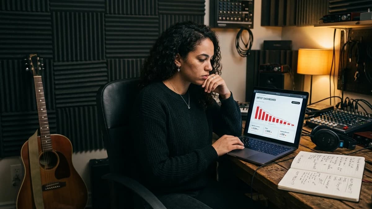 Young independent musician sitting at a home recording studio desk, looking pensively at laptop analytics, guitar leaning nearby, acoustic panels on the wall | TipTop.Music