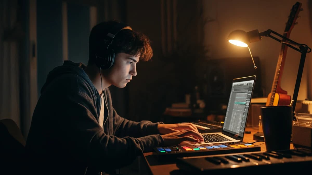 A young music producer works on a laptop in a dimly lit home studio, with a MIDI keyboard and guitar nearby.