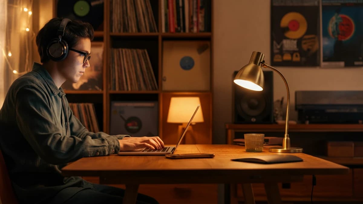 A music curator in a cozy home office, listening to music on headphones while working on a laptop.