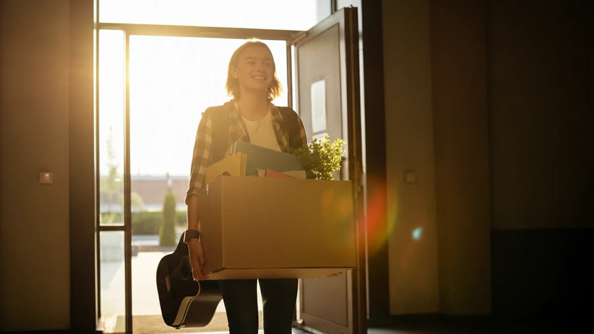 A young woman with a guitar case on her back carries a box of personal items while walking out of an office.