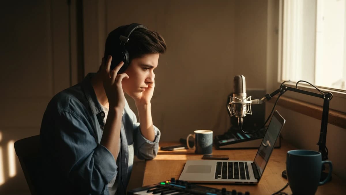 A young independent musician in headphones works on a laptop in a sunlit home recording studio.