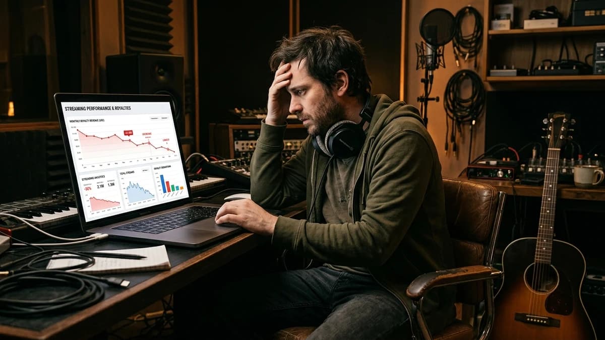 Independent musician sitting alone in a dimly lit recording studio looking concerned at a laptop screen showing declining streaming royalty charts, with headphones around their neck and a guitar leaning against the desk | TipTop.Music