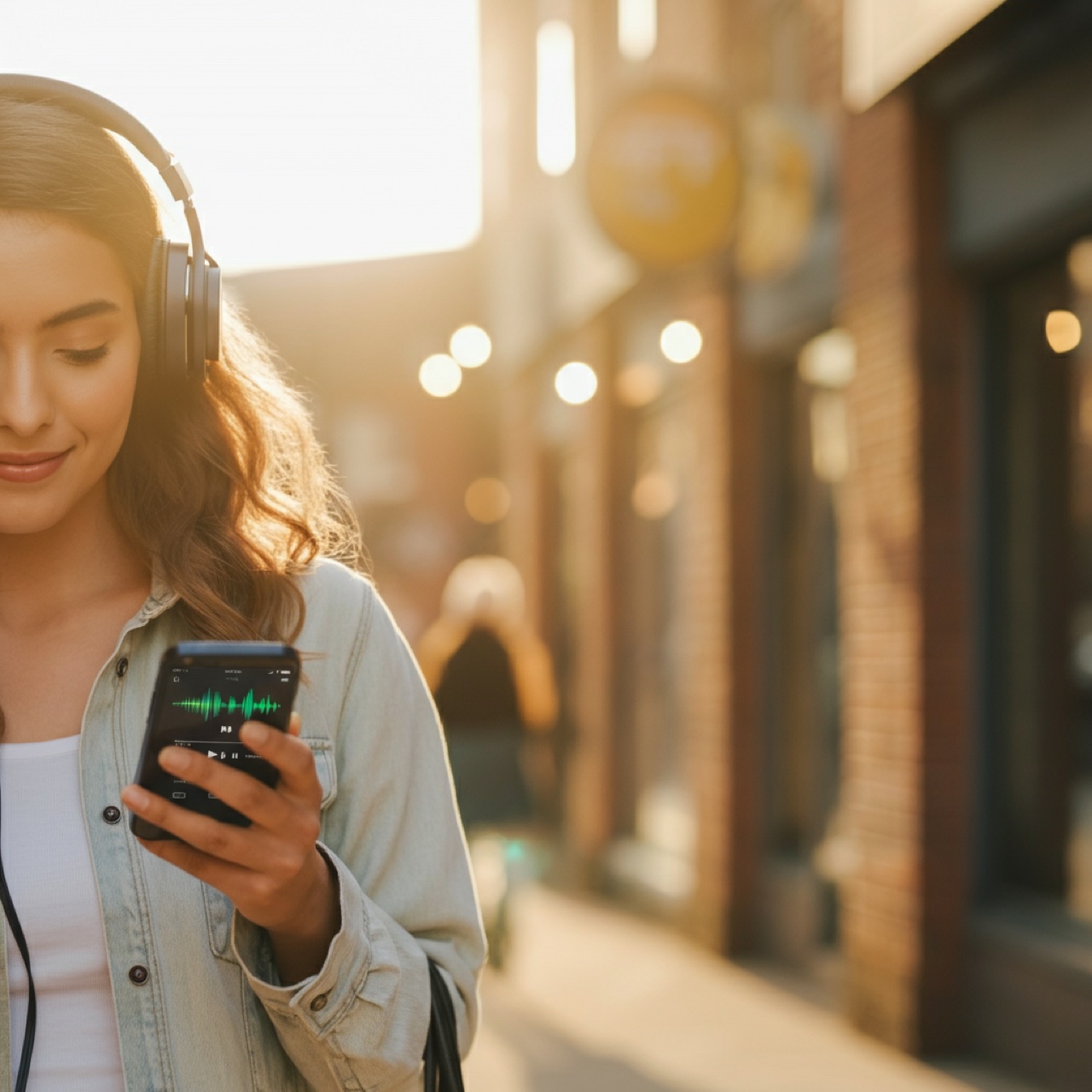Phone screen with vibrant social media feed, listener scrolling